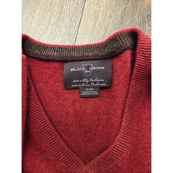 Black Brown 2 Ply Cashmere Sweater Men's XL V-Neck Red Long Sleeve Luxury - Picture 4 of 9
